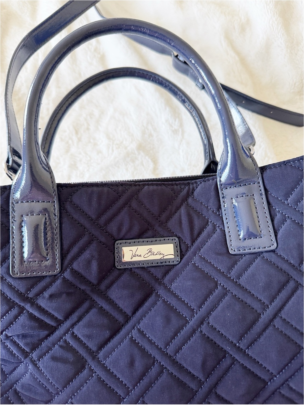 Vera Bradley quilted navy blue satchel bag with removable crossbody strap - Picture 2 of 7